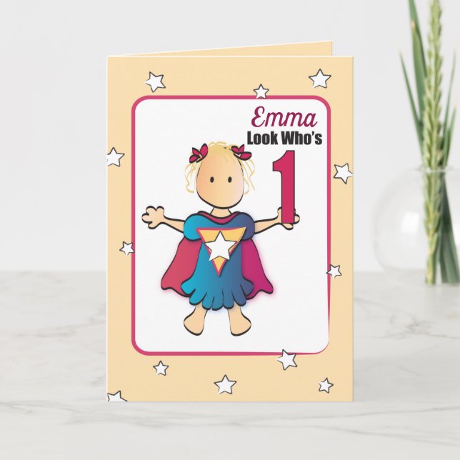 Cute 1st Birthday Card for Super Girl (Front)