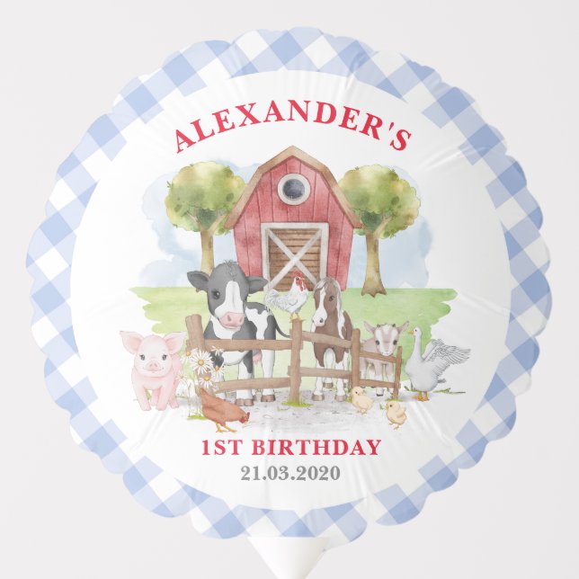 Cute 1st Birthday Farm Animals Barnyard Kids Balloon (Front)