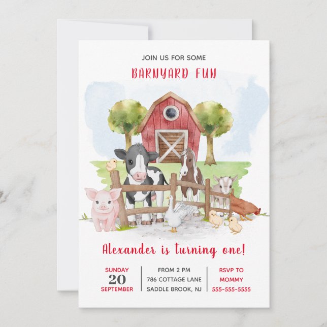 Cute 1st Birthday Farm Animals Barnyard Kids Invitation (Front)