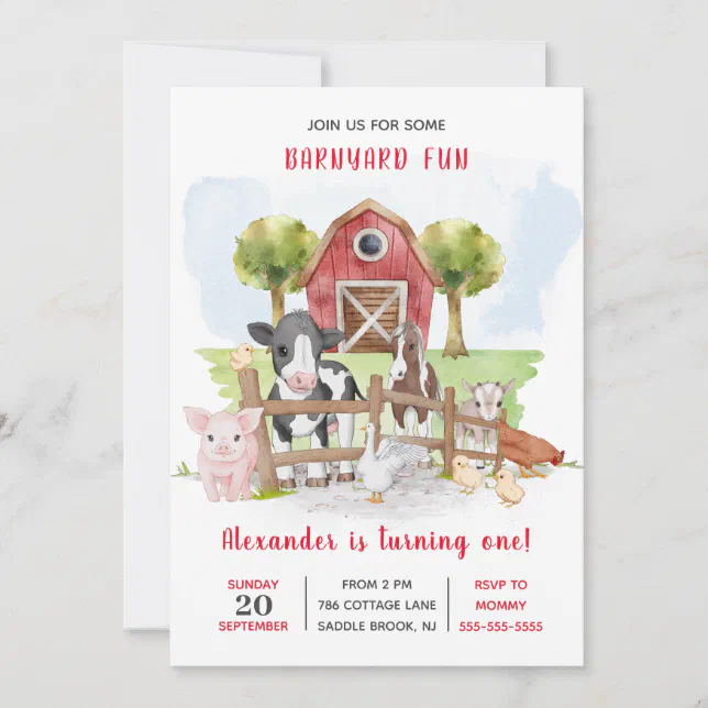 Cute 1st Birthday Farm Animals Barnyard Kids Invitation | Zazzle