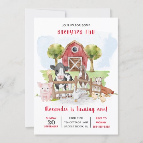 Cute 1st Birthday Farm Animals Barnyard Kids Invitation