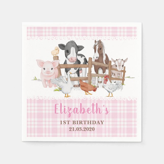 Cute 1st Birthday Farm Animals Barnyard Kids Napkins (Front)