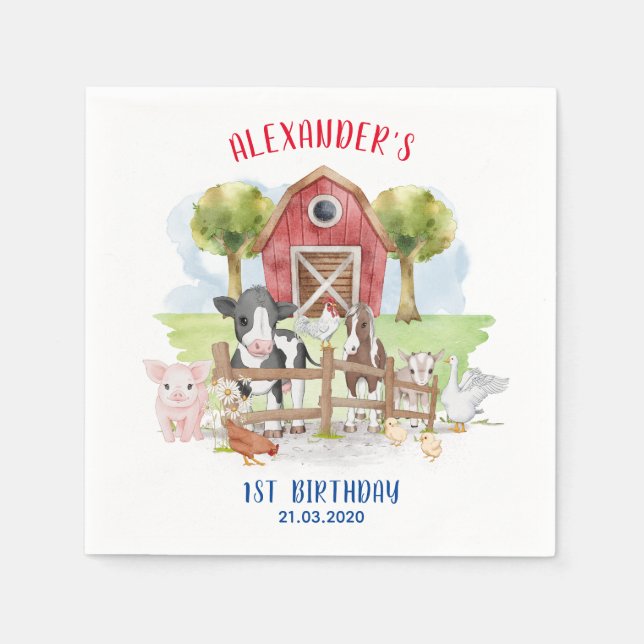 Cute 1st Birthday Farm Animals Barnyard Kids Napkins (Front)