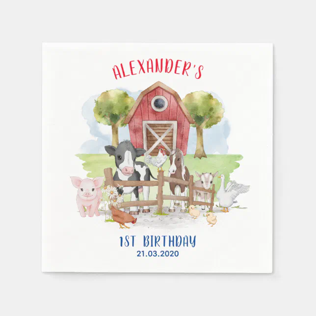 Cute 1st Birthday Farm Animals Barnyard Kids Napkins | Zazzle