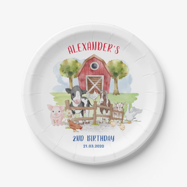 Cute 1st Birthday Farm Animals Barnyard Kids Paper Plates (Front)