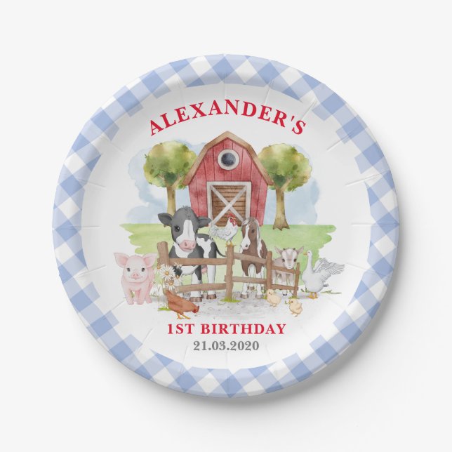 Cute 1st Birthday Farm Animals Barnyard Kids Paper Plates (Front)