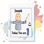 Cute 1st Birthday Fishing Cartoon Little Boy Card<br><div class="desc">Wish that precious baby boy a happy 1st birthday with this fishing card.  This cute little boy in overalls is perfect for a fish theme party :)</div>