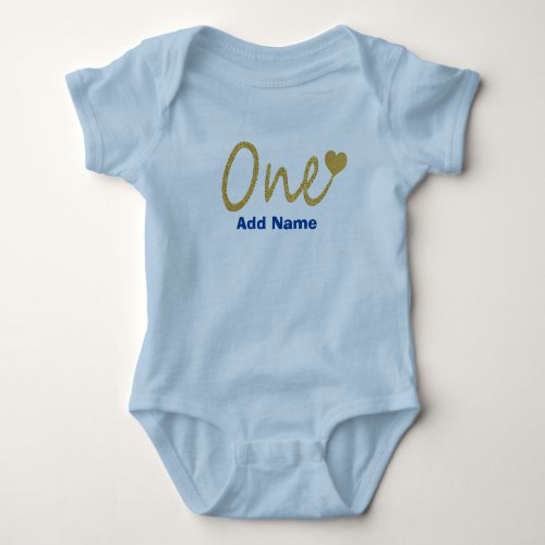 Cute 1st Birthday Glitter Heart Custom Name Blue Baby Bodysuit