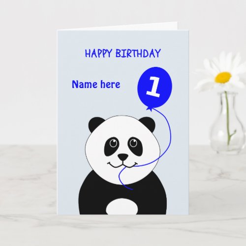 Cute 1st birthday panda add name blue card