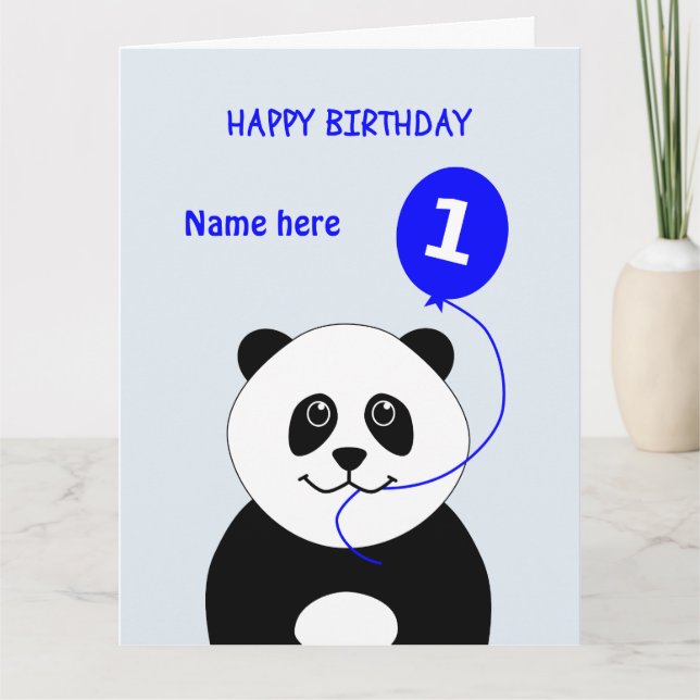 Cute 1st birthday panda large add name blue card (Front)
