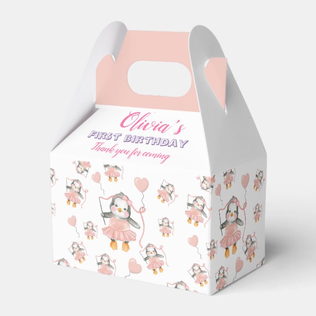Cute 1st Birthday Penguin Ballerina Pink Party Favor Boxes (Front Side)