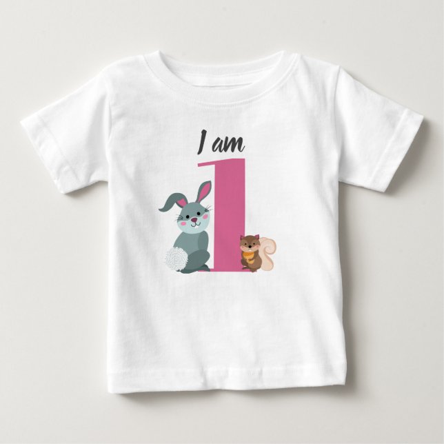Cute 1st Birthday Pink Squirrel Bunny Baby T-Shirt (Front)