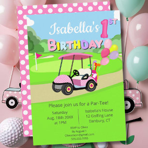 Cute 1st Birthday Polka Dot Pink Girly Golf Invitation