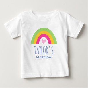 Cute 1st Birthday Rainbow Custom Name Pink Green Baby T-Shirt