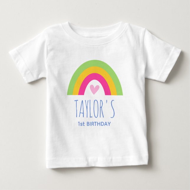 Cute 1st Birthday Rainbow Custom Name Pink Green Baby T-Shirt (Front)