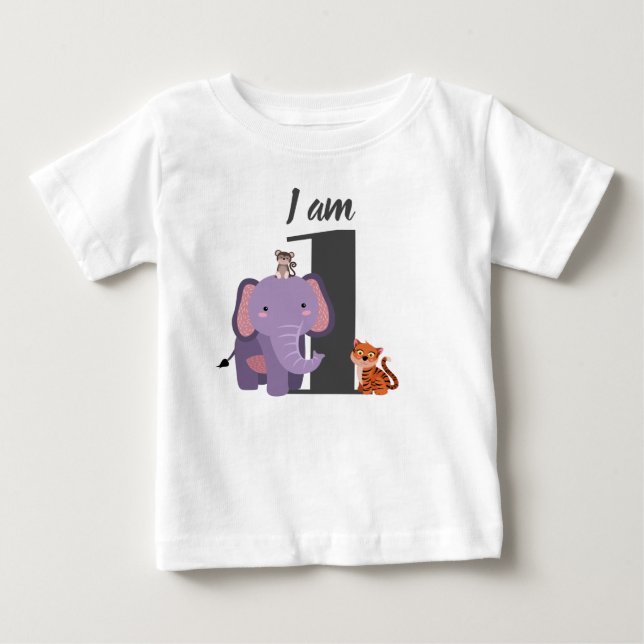 Cute 1st Birthday Safari Elephant Tiger Monkey Baby T-Shirt (Front)