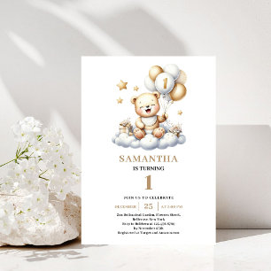 Cute 1ST Birthday Teddy Bear Gold Ivory Balloons Invitation