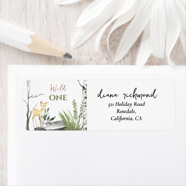 Cute 1st Birthday Wild One Brown Fawn & Trees Label (Insitu)