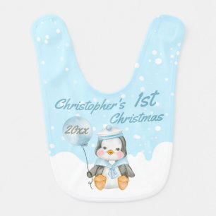 Cute 1st Christmas Baby Penguin Blue Baby Bib