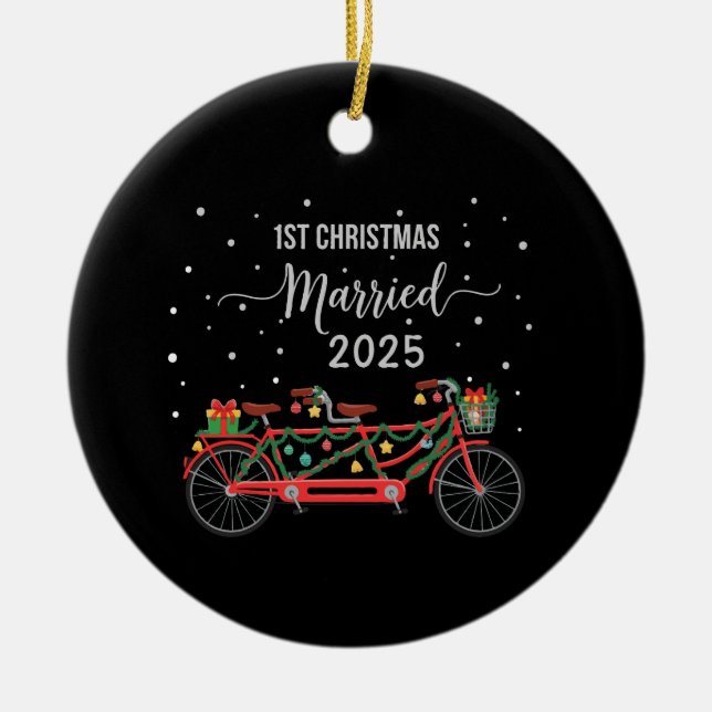 Cute 1st Christmas Married 2025 Tandem Bicycle  Ceramic Ornament (Front)