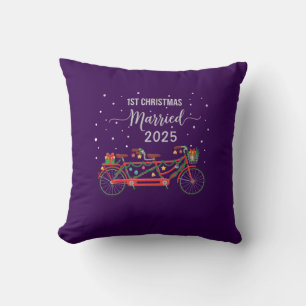 Cute 1st Christmas Married 2025 Tandem Bicycle Throw Pillow