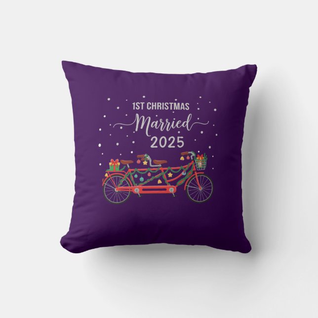 Cute 1st Christmas Married 2025 Tandem Bicycle  Throw Pillow (Front)