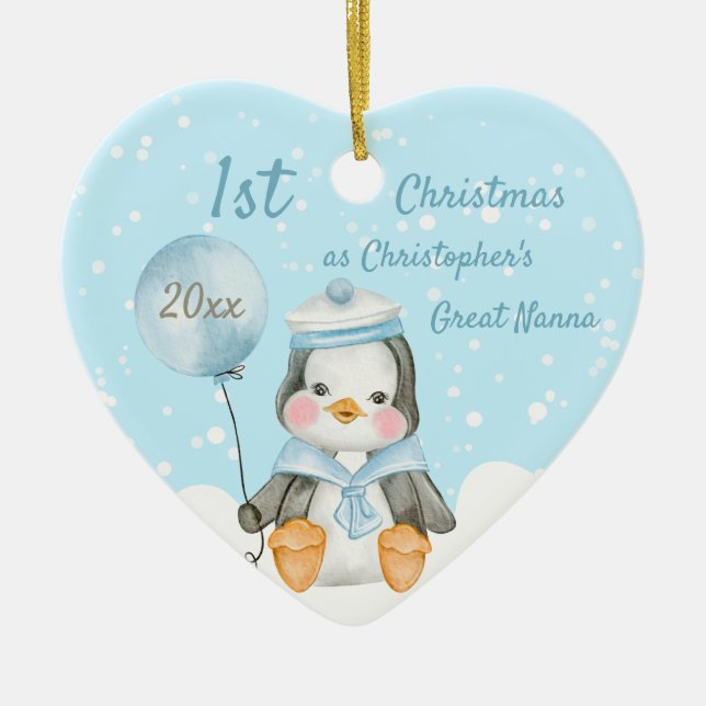 Cute 1st Christmas Penguin Great Grandparents Blue Ceramic Ornament (Front)