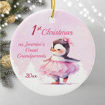Cute 1st Christmas Penguin Great Grandparents Pink Ceramic Ornament<br><div class="desc">Celebrate the birth of a new great grandchild's first Christmas with this cute cartoon Baby girl penguin holiday ornament which features a cartoon baby girl penguin Ballerina in a pink tutu with a pastel pink background . Personalize this magical ornament by amending the baby's name and year of birth. Can...</div>