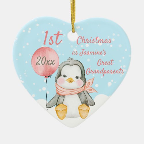 Cute 1st Christmas Penguin Great Grandparents Pink Ceramic Ornament