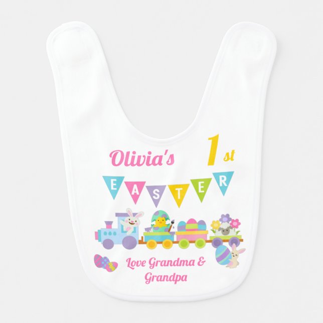 Cute 1st Easter Bunny Train Pink Baby Bib (Front)