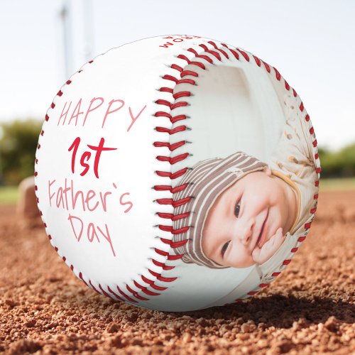 Cute 1st Fathers Day Pink Script 2 Photo Collage Baseball