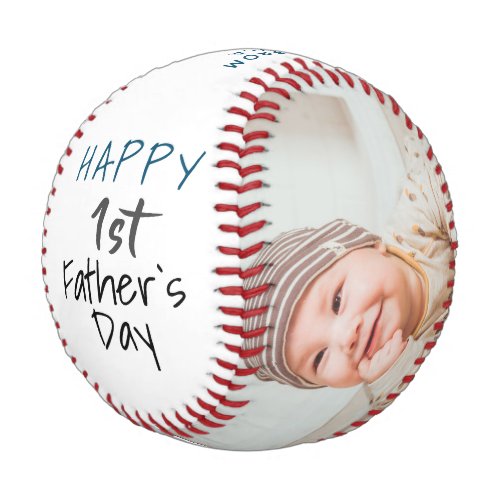 Cute 1st Father`s Day Script White 2 Photo Collage Baseball - Cute 1st Father`s Day Script White 2 Photo Collage Baseball. Cute design for the new dad. Trendy script Happy Father`s Day, message with name and year is on white background. Add your 2 favorite photos into the template and make a sweet and personal gift for a dad or new dad for Father`s Day.