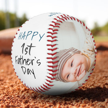 Cute 1st Father`s Day Script White 2 Photo Collage Baseball by OneLook at Zazzle