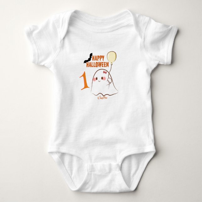 Cute 1st Halloween Ghost Holding Balloon  Name Baby Bodysuit (Front)