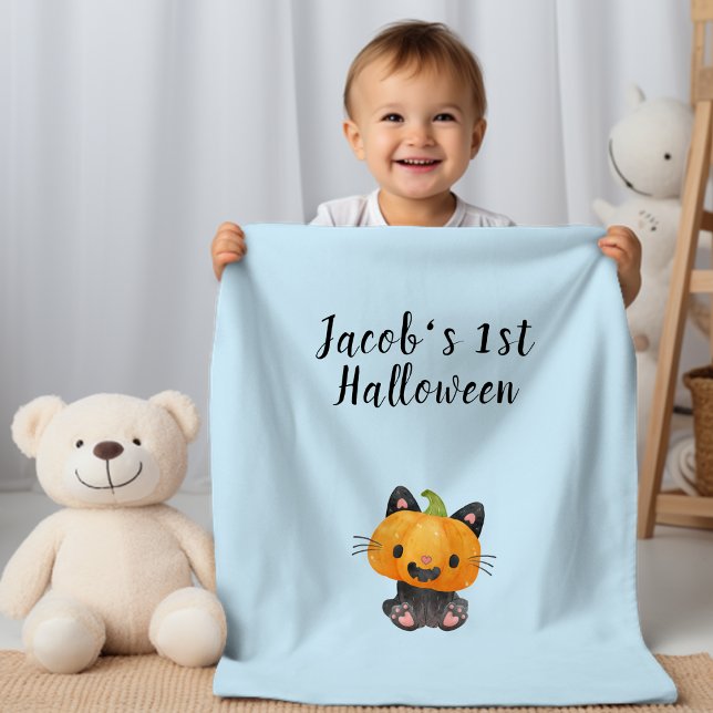 Cute 1st Halloween Pumpkin Cat with Name Baby Blanket (Creator Uploaded)