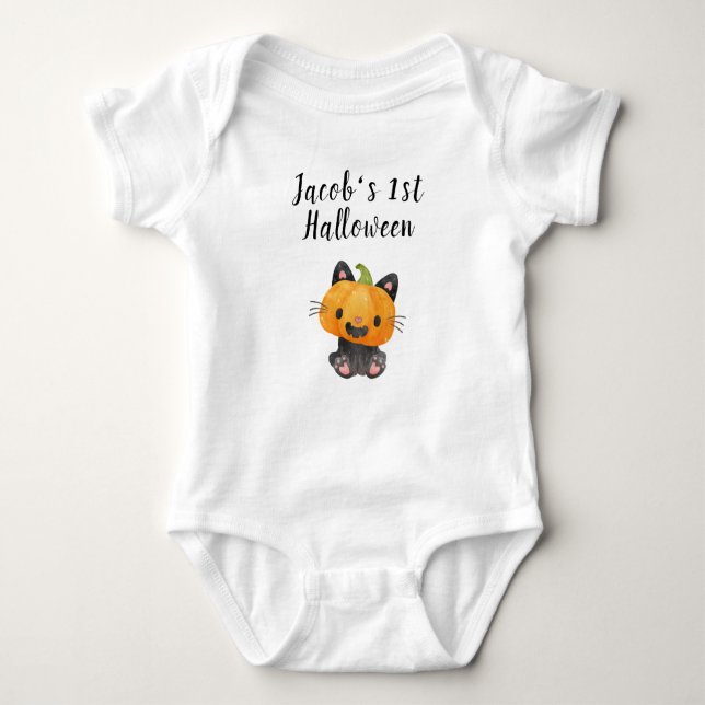 Cute 1st Halloween Pumpkin Cat with Name Baby Bodysuit (Front)