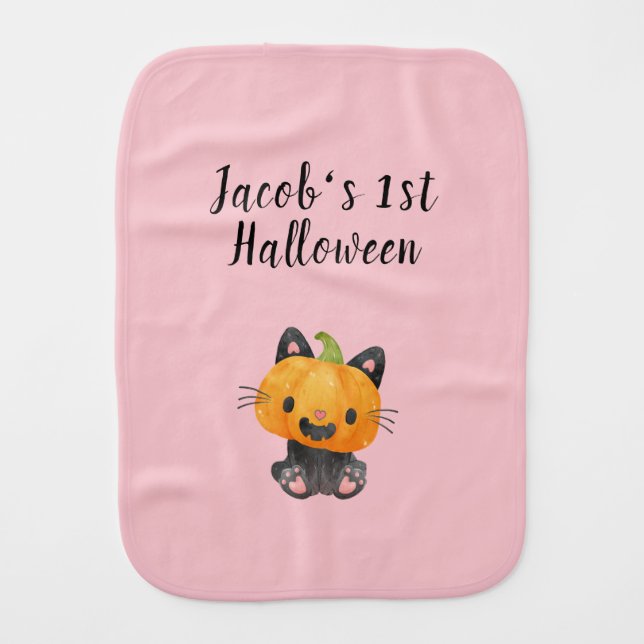 Cute 1st Halloween Pumpkin Cat with Name Baby Burp Cloth (Front)
