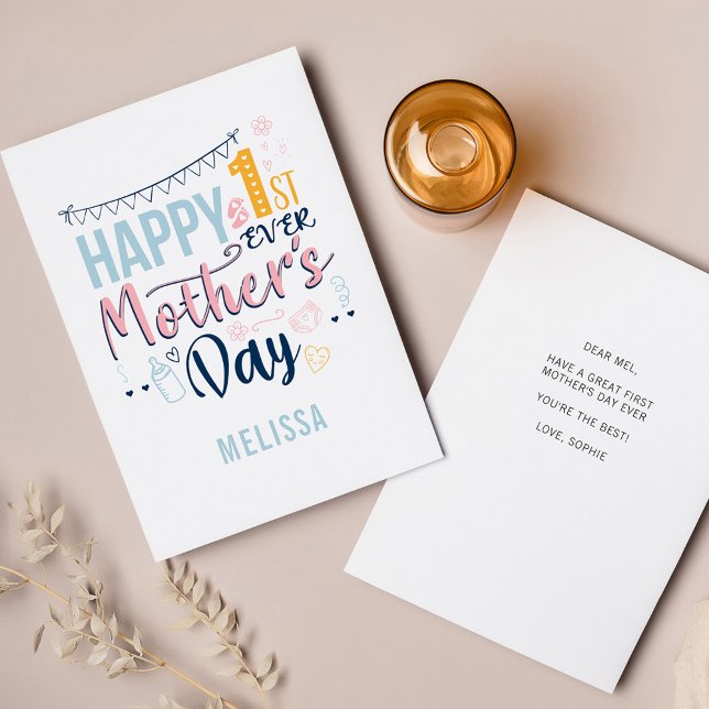 Cute 1st Mother's Day Personalized  Holiday Card (Boho Happy First Mothers Day Greetings Card)