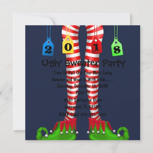 Cute 2018 Elf Stocking Ugly Sweater Party Invite