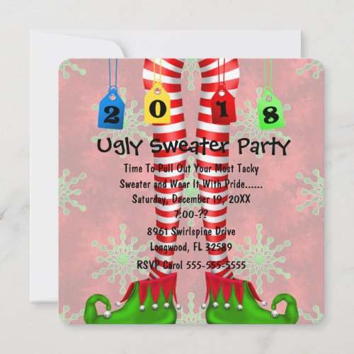 Cute 2018 Elf Stocking Ugly Sweater Party Invite