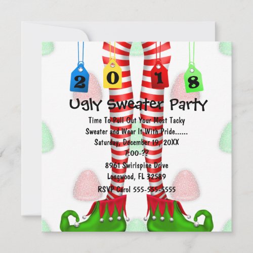 Cute 2018 Elf Stocking Ugly Sweater Party Invite