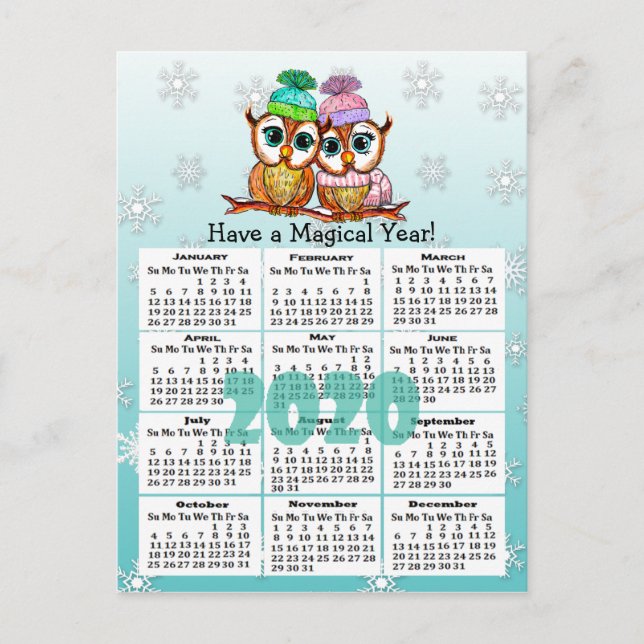 Cute 2020 Whimsical Owls Mini Calendar Postcard (Front)