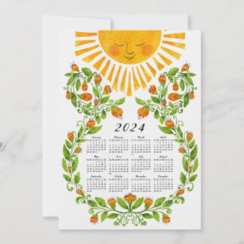 Cute 2024 Calendar Sun and Orange Flowers Holiday Card