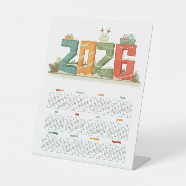 Cute 2026 New Year Snowman & Gifts Desk Pedestal Sign (Front)