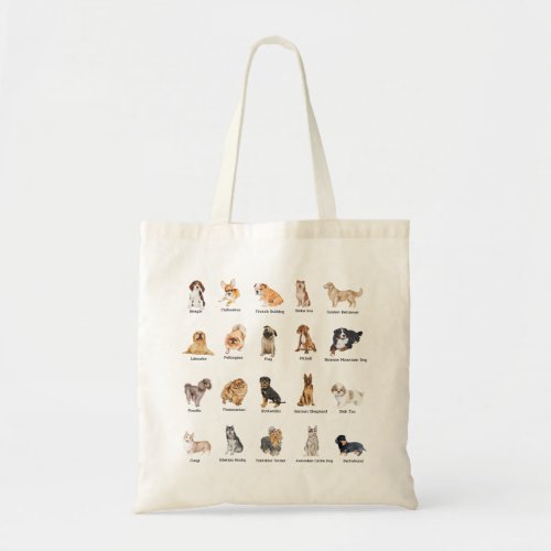 cute 20 dog breeds  tote bag