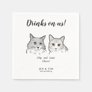 Cute 2 Cats Face Pet Cheers Drinks on Us Wedding Napkins