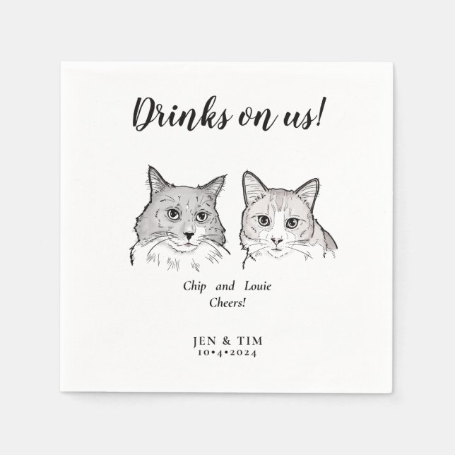 Cute 2 Cats Face Pet Cheers Drinks on Us Wedding Napkins (Front)