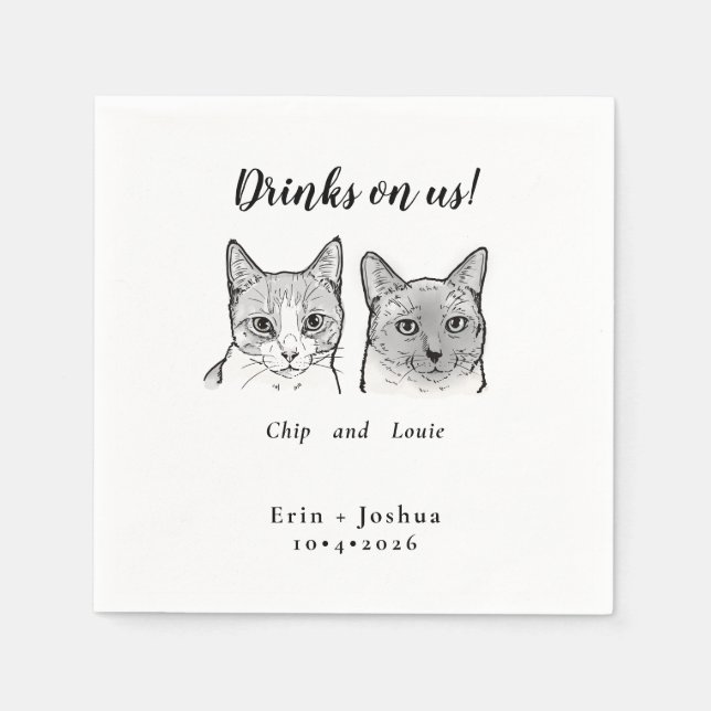 Cute 2 Cats Face Pet Cheers Drinks on Us Wedding Napkins (Front)