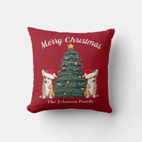 Cute 2 Corgi Christmas Custom Red Holiday Throw Pillow