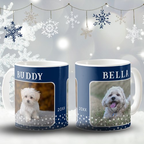 Cute 2 Dogs Photo Names Star Pattern Blue Coffee Mug